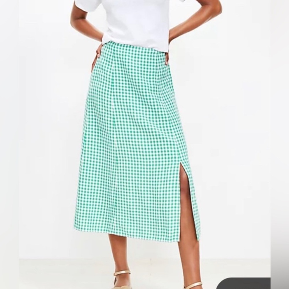 LOFT Green Gingham Linen Blend A-Line Slit Skirt
